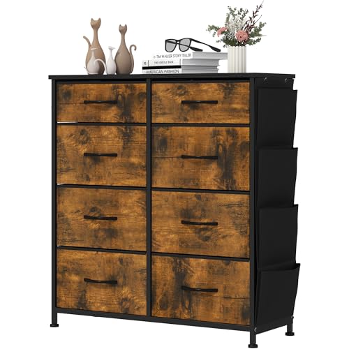 YITAHOME Kommode,Kommode mit 8 Schubladen,Schrank mit Haken und Seitentaschen,Stoffschubladen mit Griffen,Metallgestell,Dauerhaft,Rustikal Braun von YITAHOME