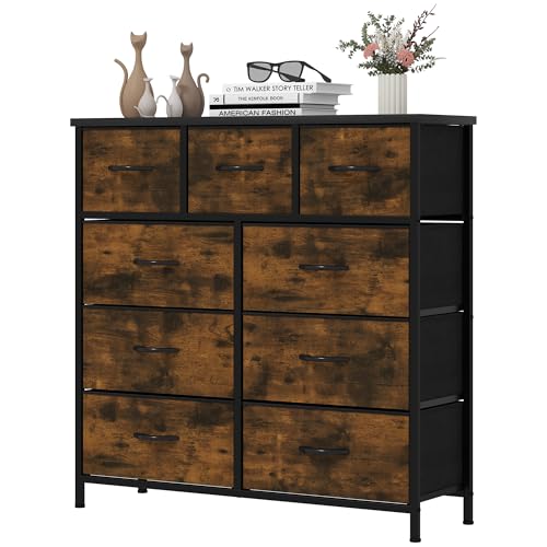 YITAHOME Kommode,Kommode mit 9 Schubladen,Schrank,Stoffschubladen mit Griffen,Kommodenschrank mit Stabiler Stahlrahmen,Dauerhaft,Rustikal Braun von YITAHOME