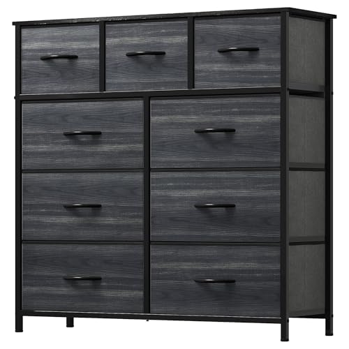 YITAHOME Kommode,Kommode mit 9 Schubladen,Schrank,Stoffschubladen mit Griffen,Kommodenschrank mit Stabiler Stahlrahmen,Dauerhaft,Schwarze Holzmaserung von YITAHOME