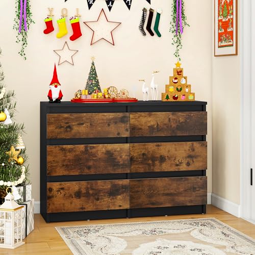 YITAHOME Kommode Schlafzimmer, Schlafzimmermöbel, Kommode aus Holz, 6 Schubladen mit Laufschienen, Schlafzimmeraufbewahrung, moderner Schlafzimmerschrank, 100 x 30 x 70 cm (Schwarz Rustikal Braun) von YITAHOME