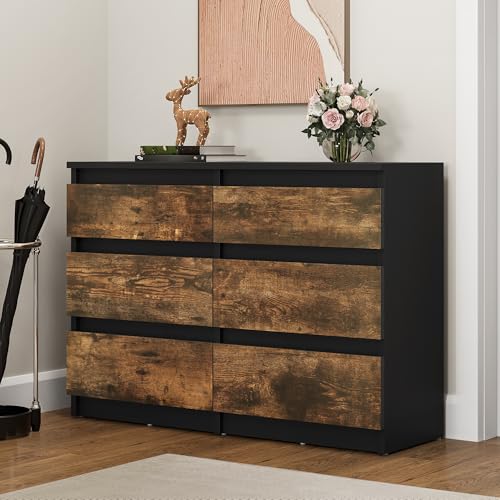 YITAHOME Kommode Schlafzimmer, Schlafzimmermöbel, Kommode aus Holz, 6 Schubladen mit Laufschienen, Schlafzimmeraufbewahrung, moderner Schlafzimmerschrank, 100 x 30 x 70 cm (Schwarz Rustikal Braun) von YITAHOME