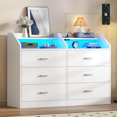 YITAHOME Kommode Weiß, Kommode Schlafzimmer Mit LED, Komode mit 6 Schubladen und mit Einer Steckdose, Sideboard mit offenem Regal 40D x 124.5W x 90H cm YITAHOME Kommode Weiß, Kommode Schlafzimmer Mit LED, Komode mit 6 Schubladen und mit Einer Steckdose, Sideboard mit offenem Regal 40D x 124.5W x 90H cm von YITAHOME