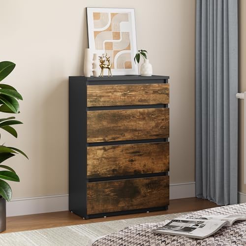 YITAHOME Kommode aus Holz, Kommode Schlafzimmer, zeitgenössische 4 Schubladen, Schlafzimmermöbel, Schlafzimmeraufbewahrungseinheit, Schiebeschubladen, 92 x 33 x 60 cm (Schwarz Rustikales Braun) von YITAHOME