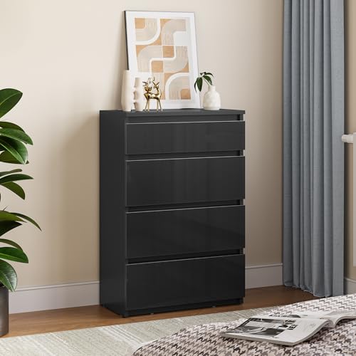 YITAHOME Kommode aus Holz, Kommode Schlafzimmer, zeitgenössischer Hochglanz, 4 Schubladen, Schlafzimmermöbel, Schlafzimmeraufbewahrungseinheit, Schiebeschubladen, 92 x 33 x 60 cm (Schwarz) von YITAHOME