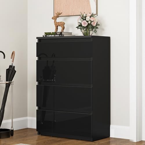 YITAHOME Kommode aus Holz, Kommode Schlafzimmer, zeitgenössischer Hochglanz, 4 Schubladen, Schlafzimmermöbel, Schlafzimmeraufbewahrungseinheit, Schiebeschubladen, 92 x 33 x 60 cm (Schwarz) von YITAHOME