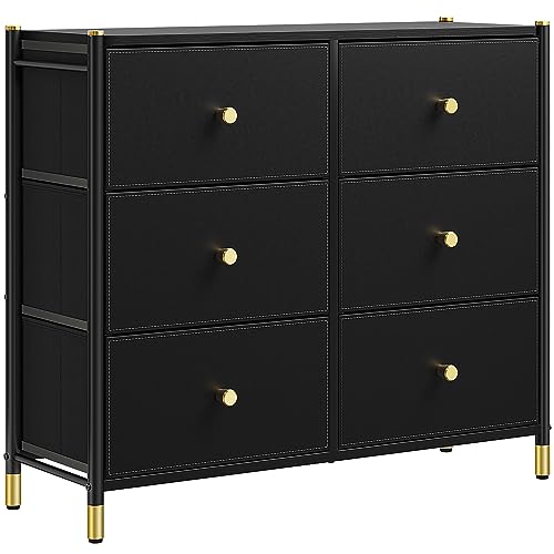 YITAHOME Kommode mit Schubladen, Leder Kommode,Kommode aus Stoff, Sideboard mit 6 Stoffschubladen, Aufbewahrungsschrank Schlafzimmer Schubladenschrank für Flur,Schwarz von YITAHOME