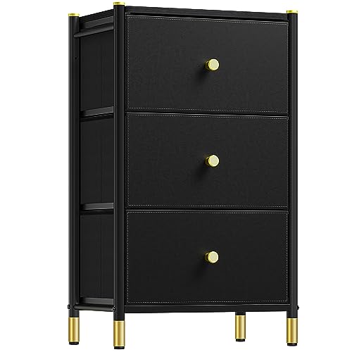 YITAHOME Kommode mit Schubladen, Leder Kommode,Kommode aus Stoff, Sideboard mit 3 Stoffschubladen, Aufbewahrungsschrank Schlafzimmer Schubladenschrank für Flur,Schwarz von YITAHOME