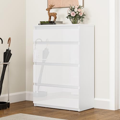 YITAHOME Komodenschrank mit 4 Schubladen, Kommode mit Schubladen Hochglanz, Kommode Schlafzimmer, Kommoden, Kommode Flur, Schubladenkommode, Kommode Hoch, Schubladenschrank Holz, 92*33*60cm (Weiss) von YITAHOME