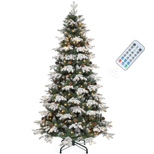 YITAHOME Künstlicher Weihnachtsbaum 182.9 cm (6 Fuß) mit Beleuchtung & Fernbedienung, vordekoriert mit 29 Zapfen & 900 PE/PVC-Spitzen, 11 Lichtmodi, 3 Timer – justierbar & geflockt von YITAHOME