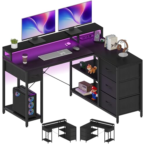 YITAHOME L Form Schreibtisch mit USB Ladeanschluss und Steckdose,Reversible Eckschreibtisch mit 4 Schubladen und Regal,Gaming Schreibtische mit Monitorständer,140x100 cm Computertisch für Büro,schwarz von YITAHOME