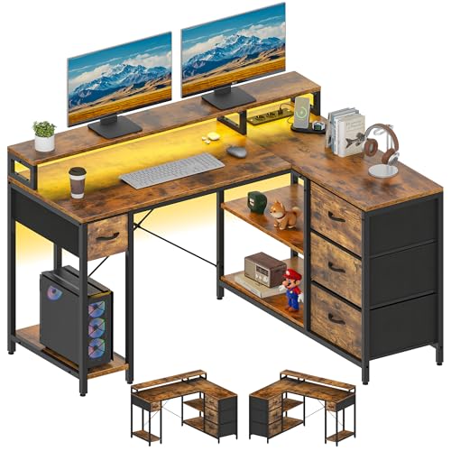 YITAHOME L Form Schreibtisch mit USB Ladeanschluss und Steckdose,Reversible Eckschreibtisch mit 4 Schubladen und Regal,Gaming Schreibtische mit Monitorständer,140x100 cm Computertisch für Büro,braun von YITAHOME