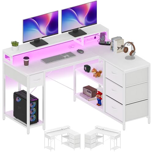 YITAHOME L Form Schreibtisch mit USB Ladeanschluss und Steckdose,Reversible Eckschreibtisch mit 4 Schubladen und Regal,Gaming Schreibtische mit Monitorständer,140x100 cm Computertisch für Büro,weiß von YITAHOME