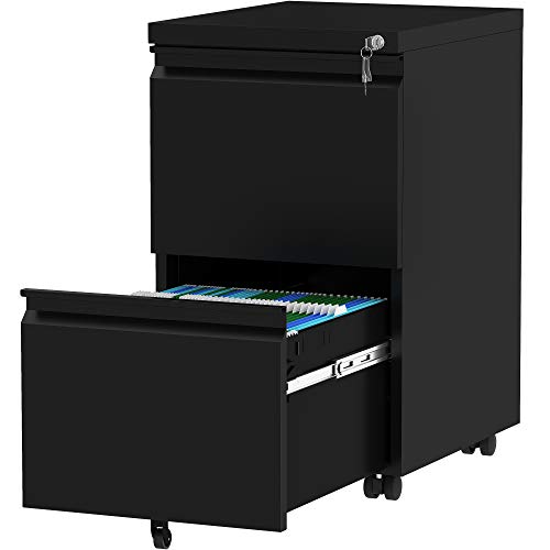 YITAHOME Rollcontainer mit Abschließbar 2 Schubladen, Mobiler Aktenschrank mit Rollen für A4, Legal, Letter, Metall Büroschrank für Home-Office, Hängeregistratur, Schwarz, 51 x 39 x 71cm von YITAHOME