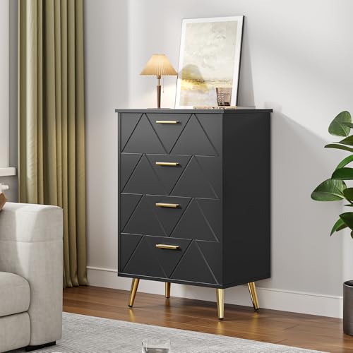 YITAHOME Moderne Kommode für Schlafzimmer, Kommode aus Holz, 4 Schubladen, Schlafzimmermöbel, Schlafzimmeraufbewahrung, Schiebetüren, 62 x 35 x 96 cm (schwarz) von YITAHOME