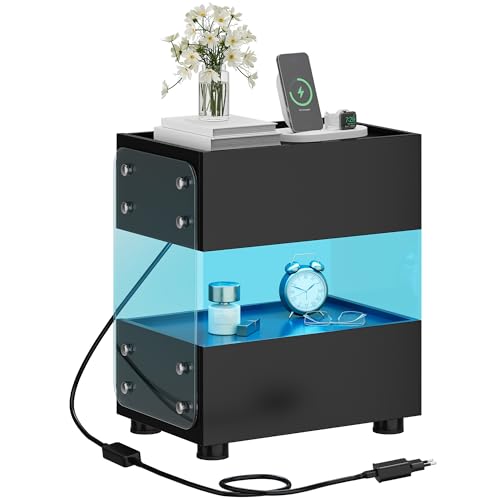 YITAHOME Nachttisch mit 2 Schubladen, schwebender Nachttisch mit 7-Farbiger LED-Lichtleiste, moderner Akzent-Beistelltisch mit mattiertem gehärtetem Glas für Schlafzimmer und Wohnzimmer, Schwarz YITAHOME Nachttisch mit 2 Schubladen, schwebender Nachttisch mit 7-Farbiger LED-Lichtleiste, moderner Akzent-Beistelltisch mit mattiertem gehärtetem Glas für Schlafzimmer und Wohnzimmer, Schwarz von YITAHOME