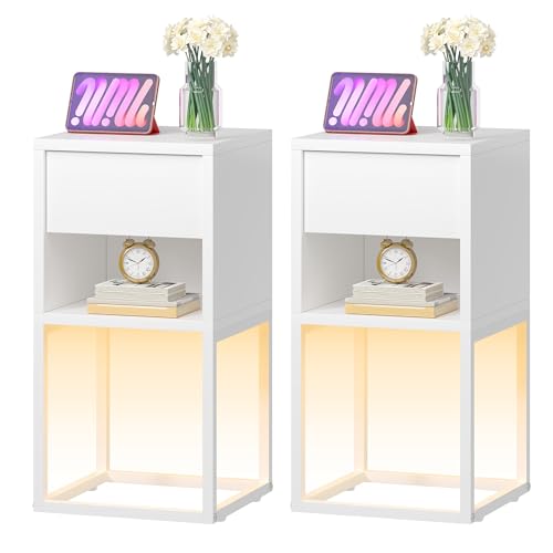 YITAHOME Nachttisch 2er Set mit LED-Beleuchtung, Beistelltisch mit Schublade offenes Fach Nachtschrank Schlafzimmer Beistelltische fürs Wohnzimmer einfacher Aufbau Weiss von YITAHOME