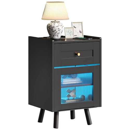 YITAHOME Nachttisch mit 7-Farbiger LED-Lichtleiste, Nachttischschrank mit Schublade und verstellbarem Regal, schwarzer Aufbewahrungs-Beistelltisch für Schlafzimmer, Wohnzimmer, 40x35x62cm, Schwarz YITAHOME Nachttisch mit 7-Farbiger LED-Lichtleiste, Nachttischschrank mit Schublade und verstellbarem Regal, schwarzer Aufbewahrungs-Beistelltisch für Schlafzimmer, Wohnzimmer, 40x35x62cm, Schwarz von YITAHOME