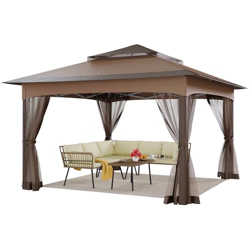 YITAHOME Pop Up Pavillon mit Seiten, 3,3 x 3,3 m Wasserdicht Pavillon mit Seitenteilen und Moskitonetz Outdoor-Überdachung mit Doppelverdeck für Camping, Party, Terrasse, Hinterhof, BBQ (Braun) von YITAHOME