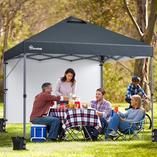 YITAHOME Pop up Pavillon 3 x 3 m Faltpavillon Festzelt Partyzelt mit 1 Seitenwand, Wasserdichtem Falten Garten Marquee mit Aufbewahrungstasche für Patio Märkte Strand Dunkelgrau von YITAHOME