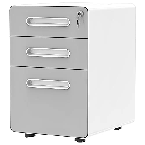 YITAHOME 3-Drawer Rolling File Cabinet, Metal Mobile File Cabinet with Lock, Filing Cabinet Under Desk fits Legal/Letter/A4 Size for Home/Office, Fully Assembled, Gray and White von YITAHOME