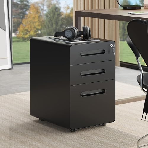 YITAHOME Rollcontainer, Metall Rollcontainer mit 3 Schubladen für A4, Legal, Letter, Abschließbar Aktenschrank Büroschrank mit 4 Rollen für Home-Office, 48 x 38 x 58cm, Schwarz von YITAHOME