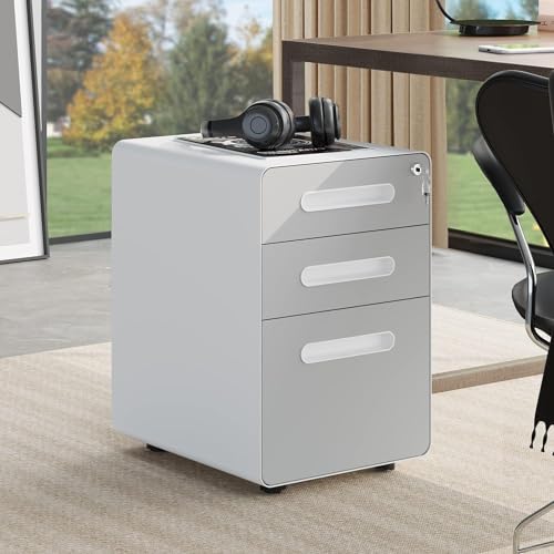 YITAHOME Rollcontainer, Metall Rollcontainer mit 3 Schubladen für A4, Legal, Letter, Abschließbar Aktenschrank Büroschrank mit 4 Rollen für Home-Office, 48 x 38 x 58cm, Weiß + Grau von YITAHOME