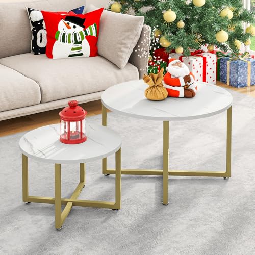 YITAHOME Runder Couchtisch 2er-Set für Wohnzimmer, Moderner Runder Couchtisch mit Stabilem Goldfarbenem Metallrahmen, Sofa-Teetisch, Cocktailtische, Beistelltisch für Wohnzimmer/Schlafzimmer, Weiß YITAHOME Runder Couchtisch 2er-Set für Wohnzimmer, Moderner Runder Couchtisch mit Stabilem Goldfarbenem Metallrahmen, Sofa-Teetisch, Cocktailtische, Beistelltisch für Wohnzimmer/Schlafzimmer, Weiß von YITAHOME