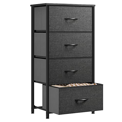 YITAHOME kommode Schmal, Schrank mit 4 Schubladen aus Stoff, Aufbewahrungskommode Industrial Stil für Schlafzimmer, Wohnzimmer, Kinderzimmer, Flur, Schwarz Aufbewahrungsschrank von YITAHOME