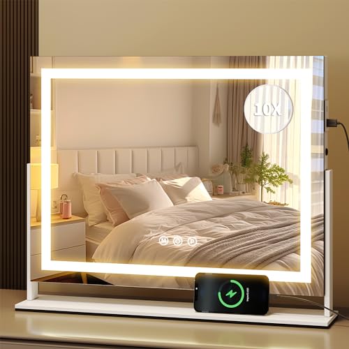 YITAHOME Schminkspiegel mit Beleuchtung, Hollywood Spiegel mit 3 Farbtemperatur LED Licht, Kosmetikspiegel mit Touch Steuerung USB 10X Vergrößerung für Schlafzimmer Schminktisch von YITAHOME