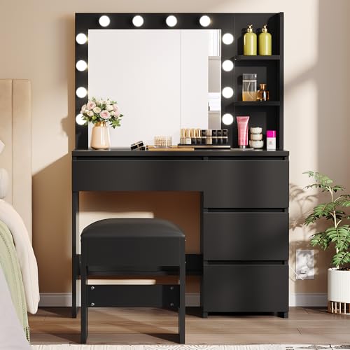 YITAHOME Schminktisch mit Beleuchtung, Dressing Table mit Spiegel Schminktische mit Hocker 3 Farben mit Einstellbarer Helligkeit, Frisiertisch mit 4 Schubladen Offenen Fächern Vanity Table Schwarz von YITAHOME