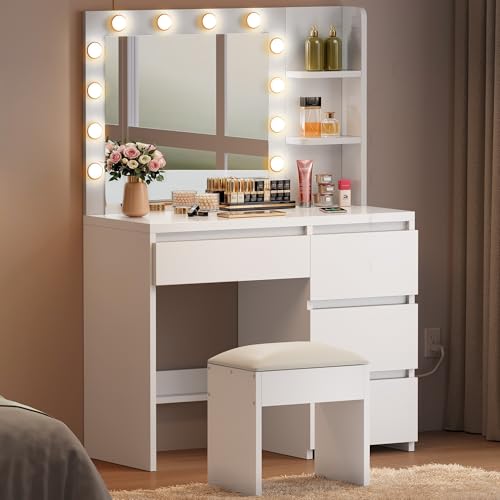 YITAHOME Schminktisch mit Beleuchtung, Dressing Table mit Spiegel Schminktische mit Hocker 3 Farben mit Einstellbarer Helligkeit, Frisiertisch mit 4 Schubladen Offenen Fächern Vanity Table weiß von YITAHOME
