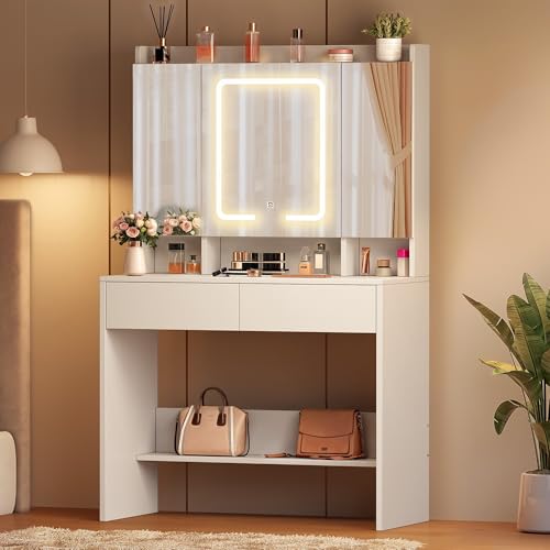 YITAHOME Schminktisch mit LED-Beleuchtung, Schminktisch mit Spiegel, 3 Farben mit Einstellbarer Helligkeit Kosmetiktisch Frisiertisch mit Spiegel verstellbaren Ablagen, 2 Schubladen modern (Weiß) von YITAHOME