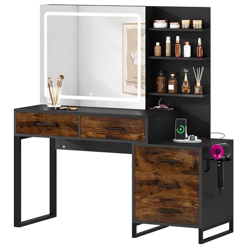 YITAHOME Schminktisch mit LED-Beleuchtung,Schiebespiegel,3 Farben mit Einstellbarer Helligkeit,Kosmetiktisch mit Schubladen und Gehäuse,Rustikal braun YITAHOME Schminktisch mit LED-Beleuchtung,Schiebespiegel,3 Farben mit Einstellbarer Helligkeit,Kosmetiktisch mit Schubladen und Gehäuse,Rustikal braun von YITAHOME