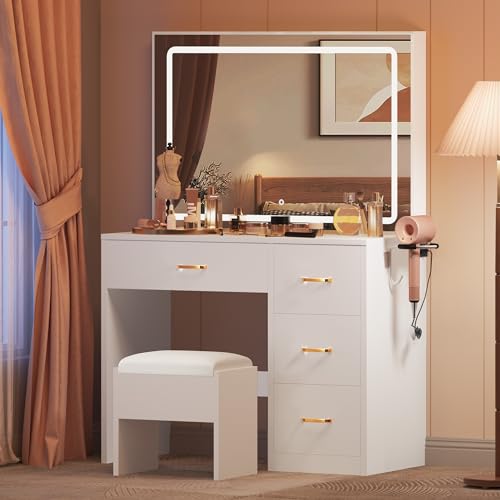 YITAHOME Schminktisch mit verstellbaren LED-Beleuchtung und Steckdosen,Frisiertisch mit 4 Schubladen mit Hocker,Schminktisch mit Spiegel,Weiß YITAHOME Schminktisch mit verstellbaren LED-Beleuchtung und Steckdosen,Frisiertisch mit 4 Schubladen mit Hocker,Schminktisch mit Spiegel,Weiß von YITAHOME
