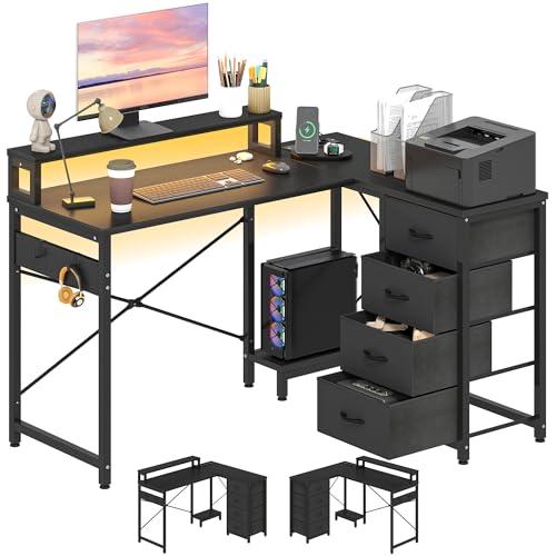 YITAHOME Schreibtisch, Reversible Eckschreibtisch mit 4 Schubladen, Schreibtisch L Form mit 2 Steckdosen und 2 USB Ladeanschluss, Bürotisch L Form mit LED,130x100cm Ecktisch mit Monitorablage Schwarz von YITAHOME