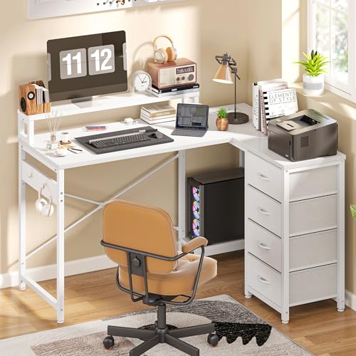 YITAHOME Schreibtisch, Reversible Eckschreibtisch mit 4 Schubladen, Schreibtisch L Form mit 2 Steckdosen und 2 USB Ladeanschluss, Bürotisch L Form mit LED, 130x100cm, Ecktisch mit Monitorablage, Weiß von YITAHOME