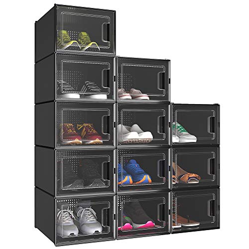 YITAHOME Schuhboxen, 12er Set, Schuhkarton stapelbar stabil, Aufbewahrungsboxen für Schuhe mit transparent Tür und Belüftungslöchern, für Schuhe bis Größe 44, stapelbare schuhbox schwarz von YITAHOME