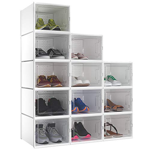 YITAHOME Schuhboxen, 12er Set, Schuhkarton stapelbar stabil, Aufbewahrungsboxen für Schuhe mit transparent Tür und Belüftungslöchern, für Schuhe bis Größe 46, stapelbare schuhbox Weiß von YITAHOME