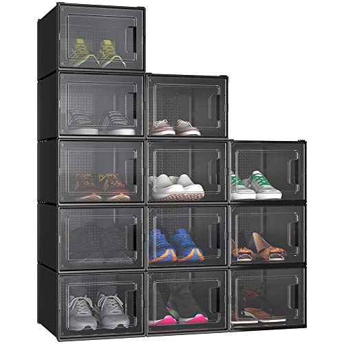 YITAHOME Schuhboxen, 12er Set, Schuhkarton stapelbar stabil, Aufbewahrungsboxen für Schuhe mit transparent Tür und Belüftungslöchern, für Schuhe bis Größe 46, stapelbare schuhbox schwarz von YITAHOME