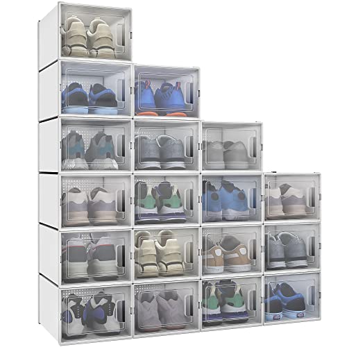 YITAHOME Schuhboxen, 18er Set, Schuhkarton stapelbar stabil, Aufbewahrungsboxen für Schuhe mit transparent Tür und Belüftungslöchern, für Schuhe bis Größe 44, stapelbare schuhbox Weiß von YITAHOME