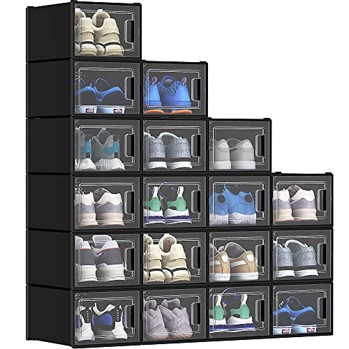 YITAHOME Schuhboxen, 18er Set, Schuhkarton stapelbar stabil, Aufbewahrungsboxen für Schuhe mit transparent Tür und Belüftungslöchern, für Schuhe bis Größe 44, stapelbare schuhbox schwarz von YITAHOME