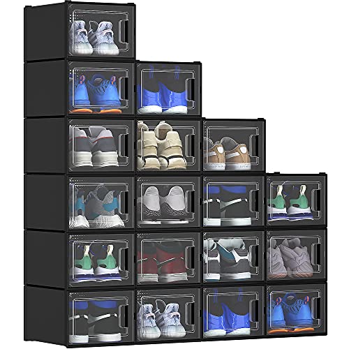 YITAHOME Schuhboxen, 18er Set, Schuhkarton stapelbar stabil, Aufbewahrungsboxen für Schuhe mit transparent Tür und Belüftungslöchern, für Schuhe bis Größe 46, stapelbare schuhbox schwarz von YITAHOME