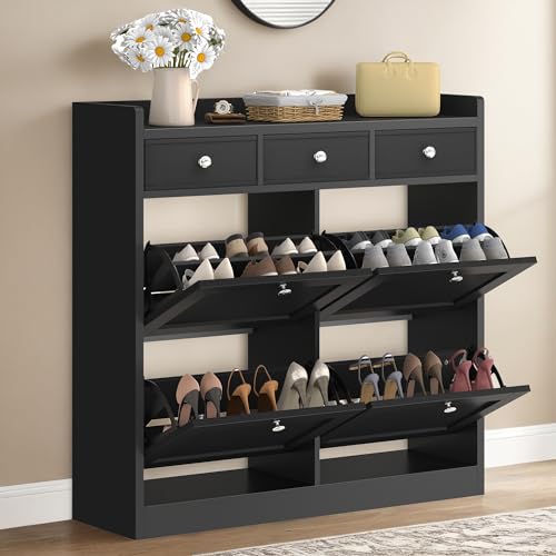 YITAHOME Schuhschrank, Schuhregal Schuhkipper Schmal, Schuhschrank schwarz mit 4 Klappen, Shoe Cabinet Schuhkommode schuhschrank mit Schublade für Eingangsbereich, Flur (schwarz) von YITAHOME