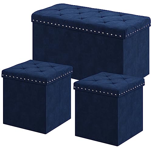 YITAHOME Sitzbank mit Stauraum,klappbare Sitztruhe mit Niete,Aufbewahrungsbox,Samt Fußbank Truhen Aufbewahrungsbox,Packung mit 3 Stück, blau von YITAHOME