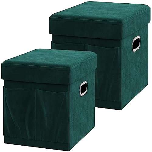 YITAHOME Sitzhocker mit Stauraum, Faltbare Sitzbank, Fußbank Truhen Aufbewahrungsbox faltbar belastbar bis 300 kg, Samt, 38 x 38 x 38 cm (Grün) von YITAHOME