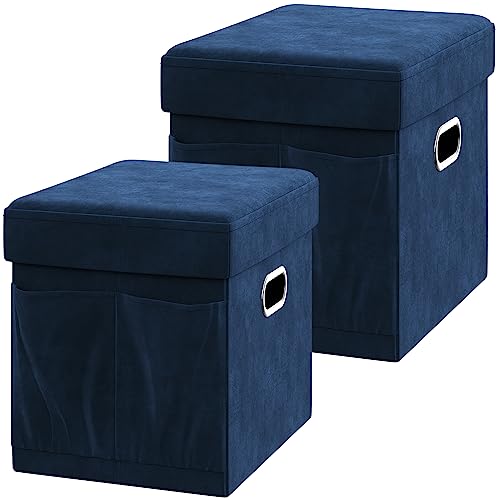 YITAHOME Sitzhocker mit Stauraum, Faltbare Sitzbank, Fußbank Truhen Aufbewahrungsbox faltbar belastbar bis 300 kg, Samt, 38 x 38 x 38 cm (Blau) von YITAHOME