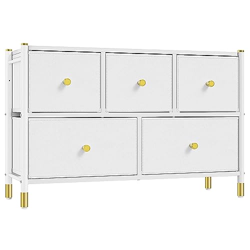 YITAHOME Kommode mit Schubladen, Leder Kommode,Kommode aus Stoff, Sideboard mit 5 Stoffschubladen, Aufbewahrungsschrank Schlafzimmer Schubladenschrank für Flur,Weiß von YITAHOME