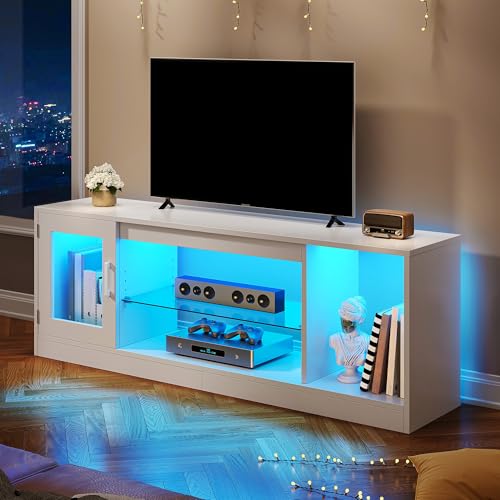 YITAHOME TV Schrank, TV Lowboard LED Weiß - Fernsehschrank Fernsehtisch mit RGB-LED-Leuchten Lowboard und Glasregal Fächern für 65 Zoll & kleinere TVs,für Wohnzimmer Schlafzimmer, B148 x H51 x T32 cm von YITAHOME