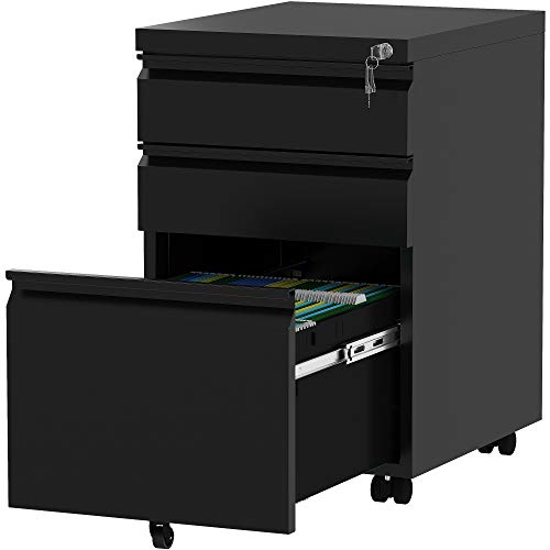 YITAHOME Mobiler Aktenschrank, Abschließbar Rollcontainer mit 3 Schubladen für A4, Legal, Letter, Metall Büroschrank mit Rollen für Home-Office, 46 x 39 x 62cm, Schwarz von YITAHOME