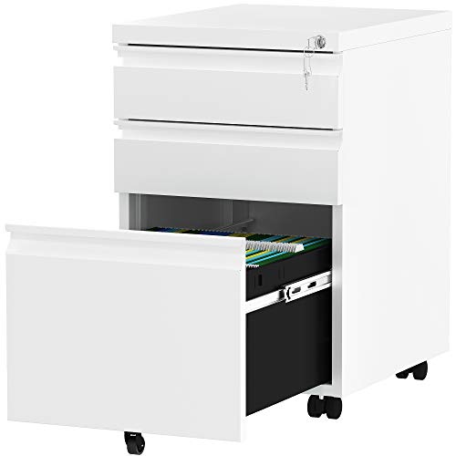 YITAHOME Vollständig Montierter Aktenschrank mit 3 Schubladen, Abschließbarer Rollcontainer für Briefe/legal/A4-Größe, Home Office Mobiler Aktenschrank mit Rad, Weiß, 46x39x62 cm von YITAHOME